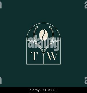 TW esclusivo e semplice logo con combinazione di lettere e chicchi di caffè Illustrazione Vettoriale