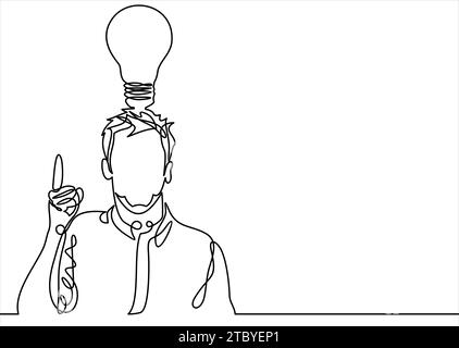 Un uomo d'affari tiene una lampadina alla punta del dito come simbolo di conoscenza e di idee: Linea continua Illustrazione Vettoriale