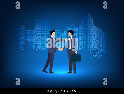 Gli uomini d'affari che si stringono la mano dietro è una città. Concordare di fare affari insieme per espandere la base clienti ed espandere il mercato in tutto il mondo. T Illustrazione Vettoriale