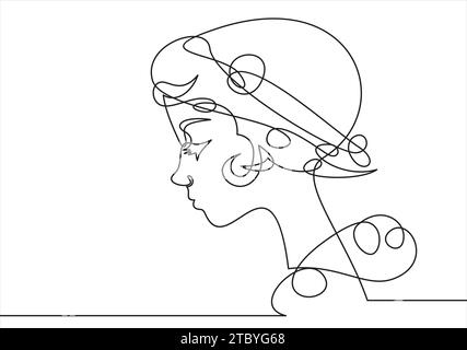 Disegno continuo a una linea. Ritratto astratto del volto romantico di una donna. illustrazione. Illustrazione Vettoriale