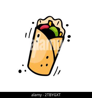 Shawarma disegnato a mano, kebab doner. Illustrazione del fast food in stile doodle. Schizzo di burrito twister. Colorato Doner Kebab. Illustrazione Vettoriale