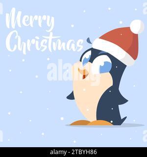 Animali carini. Buon biglietto di Natale. Pinguino da cartone animato con cappello di Babbo Natale. Uccello marino selvatico antartico. Ritratto divertente. Vacanze invernali. Festeggiamenti di Natale. Caduta Illustrazione Vettoriale