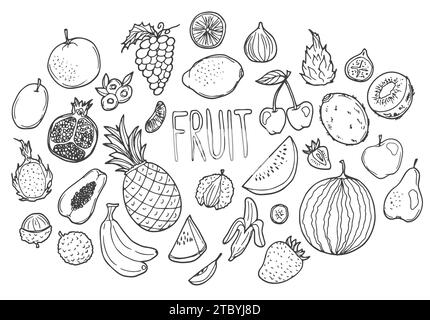 Fruits Doodle Icon fatta a mano. Illustrazione vettore schizzo ritaglio. Concetto di cibo fresco Illustrazione Vettoriale