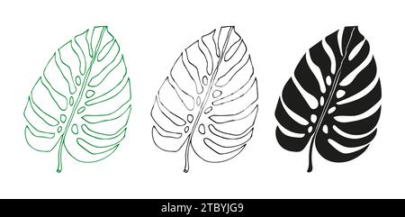 Linea Monstera e silhouette Set di foglie tropicali, elemento di design vegetale foglia di Monstera, pianta della giungla. Foglia per libri da colorare, logo o album di ritagli. V Illustrazione Vettoriale