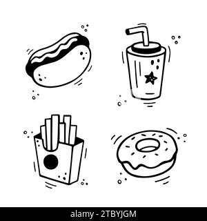 Set di icone fast food: Hot Dog, patatine fritte, tazza di carta con bevanda, torta, ciambelle. Combinazione di fast food disegnati a mano. Stile fumetto di schizzo. Illustrazione vettoriale Illustrazione Vettoriale