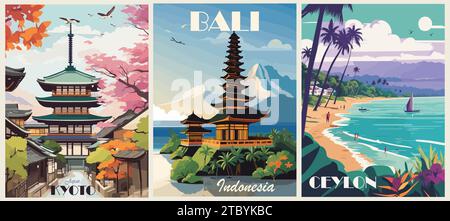 Set di poster delle destinazioni di viaggio in stile retrò. Illustrazione Vettoriale