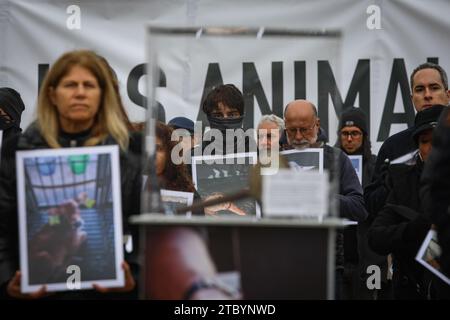 Madrid, Spagna. 9 dicembre 2023. Gli attivisti tengono dei cartelli durante il raduno. L'associazione animale IGUALDAD ANIMAL ha organizzato una manifestazione a Puerta del Sol a Madrid in occasione della giornata internazionale dei diritti degli animali per protestare contro i maltrattamenti perpetrati contro gli animali con lo slogan "diritto per gli animali”. Credito: SOPA Images Limited/Alamy Live News Foto Stock