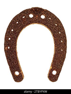 Rusty German Horseshoe della seconda guerra mondiale. Isolato su bianco Foto Stock