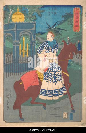 American Woman Riding Side-Saddle on the Road at Honmoku, Motomura, Yokohama (America Yokohama Motomura Honmoku michi) 2007 di Utagawa Hiroshige II Foto Stock