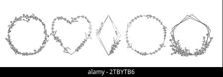 Set di ghirlande di fiori di lavanda per disegnare un biglietto da visita o un invito. Illustrazione di fiori estivi disegnati a mano con inchiostro vettoriale nero, isolata su sfondo bianco. Illustrazione Vettoriale