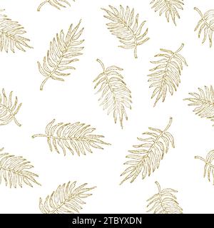 Foglie di palma artistiche con linea verde dorata, semplice motivo floreale senza cuciture disegnato a mano, colore pastello. Sfondo vettoriale per stampe, tessuto tessile, carta da parati Illustrazione Vettoriale