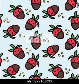 Frutti di fragola con motivo senza cuciture al cioccolato. Fondo vettoriale frutti di bosco estivi. Illustrazione a forma di doodle disegnata a mano per copertina, tessuto, carta da parati Illustrazione Vettoriale