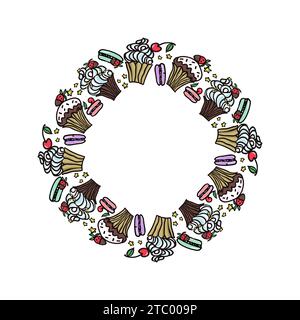 Cornice circolare vettoriale per dolci con dessert. Macaroon, muffin, budino, torta con ciliegia e fragole. Illustrazione del vettore di doodle disegnato a mano Illustrazione Vettoriale