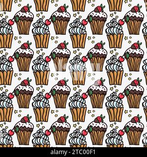 Dolce motivo senza cuciture con dessert. Macaroon, muffin, budino, torta con ciliegia e fragole. Illustrazione vettoriale disegnata a mano per Surfa Illustrazione Vettoriale