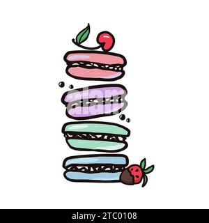 Striscione vettoriale di dolci illustrazioni abbozzate di dessert. Macaroon con ciliegia e fragole. Illustrazioni vettoriali colorate disegnate a mano Illustrazione Vettoriale