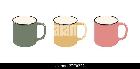 Raccolta di tazze in ceramica multicolore isolate su sfondo bianco. Illustrazione del vettore piatto Illustrazione Vettoriale