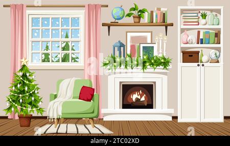 Interno del soggiorno natalizio con caminetto, albero di Natale, poltrona, libreria e nevicata fuori dalla finestra. Accogliente mattina di Natale Illustrazione Vettoriale