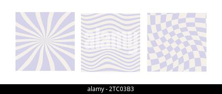 Set di scacchiera, sfondi ondulati e solari in colore viola pastello pallido. Motivo a scacchiera hippie grovigliato. Design ondulato psichedelico degli anni '60 e '70 Illustrazione Vettoriale