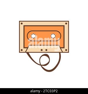 Vecchia cassetta audio con nastro allentato, icona a colori. Cassetta musicale stereo retro anni '80 con dischi. Mixtape analogico. Cassetta audio compatta Oldschool Illustrazione Vettoriale