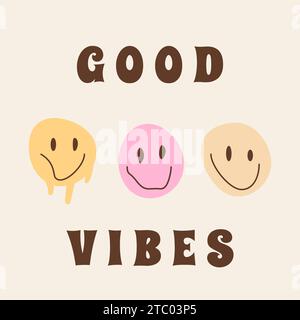 Cartolina quadrata o poster con volti sorridenti che si fondono in colori vintage. Gli hippie psichedelici del viaggio alla droga hanno ispirato personaggi con lettere grovigliate che dicono "buono" Illustrazione Vettoriale