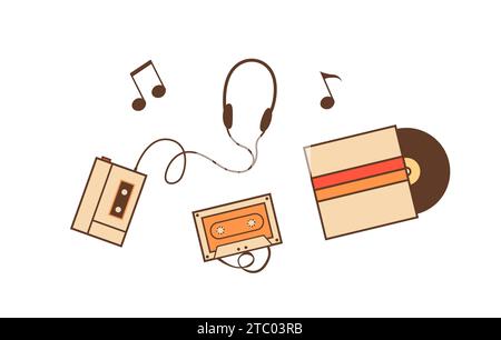 Set di icone con dischi vintage, dispositivi musicali e attrezzature per la riproduzione di musica da cassette e piastre in vinile. Lettore di cassette retrò con Illustrazione Vettoriale
