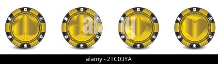 Chip poker oro con Card Suits su ogni chip, icona per il web o l'app di gioco, Clipart gioco online, illustrazione vettoriale Illustrazione Vettoriale