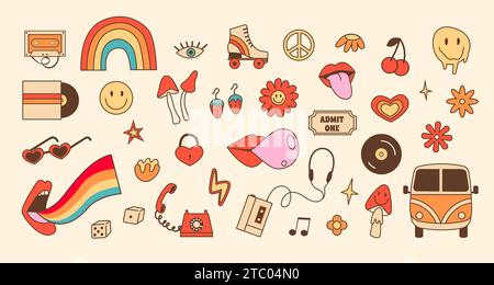 Grande set di adesivi retrò con elementi in stile anni '70 anni '80. Oggetti d'epoca, funghi psichedelici e fiori di margherita. Icone colorate con contorno hippie. VEC Illustrazione Vettoriale