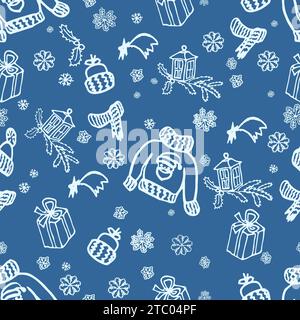 Confortevole motivo invernale senza cuciture con scarabocchi disegnati a mano, elementi regalo, neve, stella. Texture infinita per confezione regalo, carta da parati, striscioni Web, carta da imballaggio Illustrazione Vettoriale