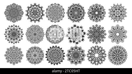 Set Mandala, ornamenti ornamentali in pizzo rotondo per colorare le pagine. Schema circolare astratto vettoriale, isolare su sfondo bianco. Illustrazione Vettoriale
