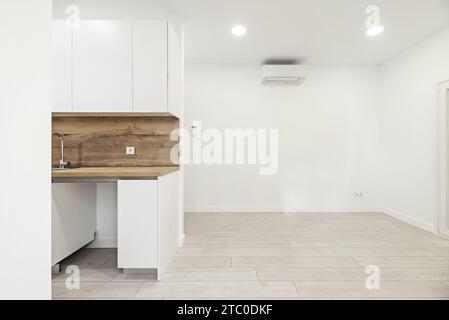 Immagine di una piccola cucina appena installata con mobili bianchi con contraccolpo e ripiano dello stesso materiale in un appartamento in stile loft Foto Stock