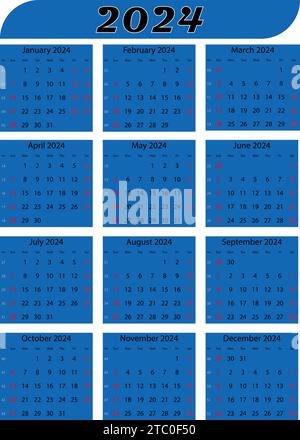 Calendario 2024 illustrazioni di design per felice anno nuovo 2024, design vettoriale Premium per poster, banner, saluti e festeggiamenti per il nuovo anno 2024 Illustrazione Vettoriale