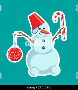 Allegro pupazzo di neve con bauble natalizio di canna caramella Illustrazione Vettoriale