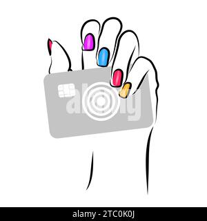 La mano di una donna con carta di credito. risparmiate denaro. Carta bancaria in mano. SHOTLISTbanking. disegno manuale. Non ai, illustrazione vettoriale Illustrazione Vettoriale