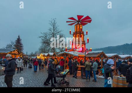 Vilshofen an der Donau: Bancarelle a „Schwimmender Christkindlmarkt“ (“mercato galleggiante di Natale”), fiume Donau (Danubio) a Niederbayern, bassa Baviera, Foto Stock