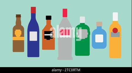 Set di simboli icone di bottiglie di alcol (birra, vino, Whiskey, vodka, gin, tequila e rum) su sfondo verde. Illustrazione vettoriale modificabile Illustrazione Vettoriale