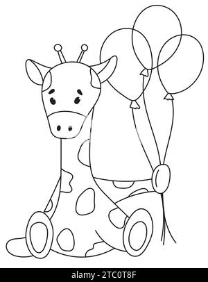 Pagina da colorare per bambini con Una Giraffa seduto che regge palloncini, perfetta per la creatività dei bambini, perfetta per la creatività dei bambini, ed è Un libro da colorare con illustrazioni vettoriali Illustrazione Vettoriale