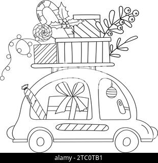 Pagina da colorare Un'illustrazione natalizia di Un'auto che trasporta regali e caramelle per Natale, è Un libro da colorare creativo per bambini Illustrazione Vettoriale
