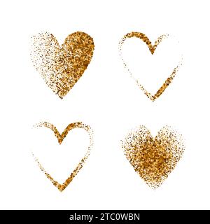 I cuori impostano l'effetto sabbia soffocano le forme testurizzate illustrazioni vettoriali, coriandoli rotondi motivo grunge. Romantico ornamento natalizio di San Valentino concetto di modello festivo, particelle caotiche macchiate Illustrazione Vettoriale