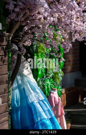 Abiti tradizionali coreani Hanbok esposti in affitto ai turisti che visitano Seul, capitale della Corea del Sud Foto Stock