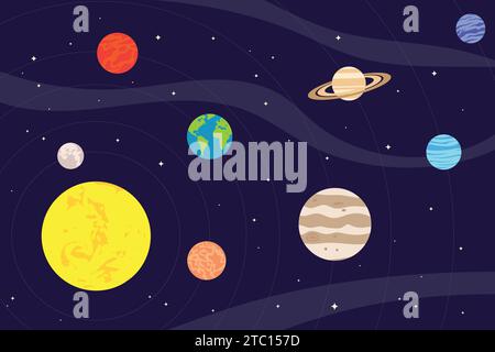 Sole e pianeti del sistema solare nell'illustrazione vettoriale dello spazio esterno Illustrazione Vettoriale