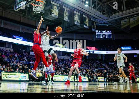 9 dicembre 2023: N.J.I.T Highlanders Guard Sebastian Robinson (0) fouls Wake Forest Demon Deacons Guard Kevin Miller (0) durante la prima metà del match NCAA Basketball Matchup al LJVM Coliseum di Winston-Salem, NC. (Scott Kinser/CSM) Foto Stock