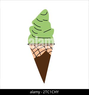 gelato con tè matcha in polvere in cono da waffle - cibo sano alla moda. Icona isolata illustrazione vettoriale. Può essere utilizzato per stiker, menu di sfondo, etichette dei prezzi, schede, poster. Illustrazione Vettoriale