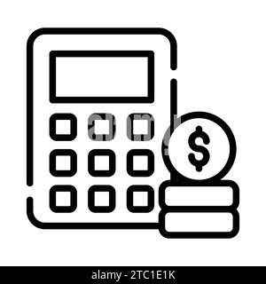 Calcolatrice con monete che indicano il vettore del concetto di contabilità, icona di calcolo del denaro. Illustrazione Vettoriale
