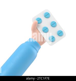 rendering 3d. Icona confezione di pillole. Mano di cartone animato medico o farmacista con pelle nera contenente farmaci. Illustrazione per il settore medicale. Clip farmaceutica a Foto Stock