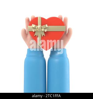 Regala il cuore a San Valentino con una dichiarazione d'amore. Tenendo il cuore nel palmo della mano con nastro e arco. Fate un regalo. Illustrazione disegno piatto.3D Ren Foto Stock