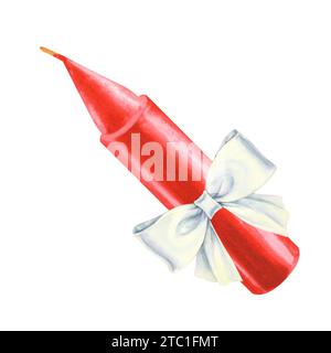 Candele rosse ad acquerello con fiocco per illustrazioni di Natale, giorno della candela, matrimonio, compleanno, Pasqua, magia, giornata commemorativa, spa e relax per Foto Stock