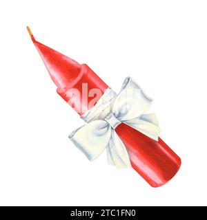 Candele rosse ad acquerello con fiocco per illustrazioni di Natale, giorno della candela, matrimonio, compleanno, Pasqua, magia, giornata commemorativa, spa e relax per Foto Stock