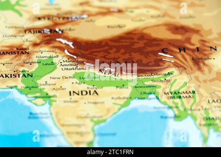 mappa mondiale del continente asiatico, india, nepal, cina, pakistan, paesi dell'afghanistan in primo piano Foto Stock