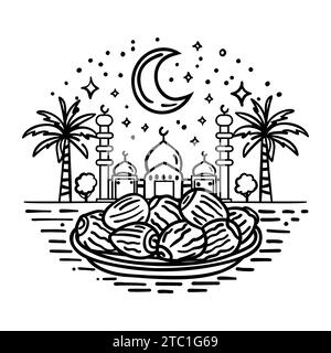 Ramadan kareem, bandiera islamica Iftar, teiera araba disegnata a mano e illustrazione del frutto della data Illustrazione Vettoriale