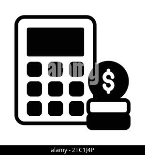 Calcolatrice con monete che indicano il vettore del concetto di contabilità, icona di calcolo del denaro. Illustrazione Vettoriale
